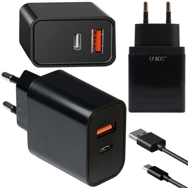 Сетевое зарядное устройство Fast Charge USB Type-C UKC PD-889 Black блок питания на 2 порта, адаптер зарядка для телефона смартфона Android Черный