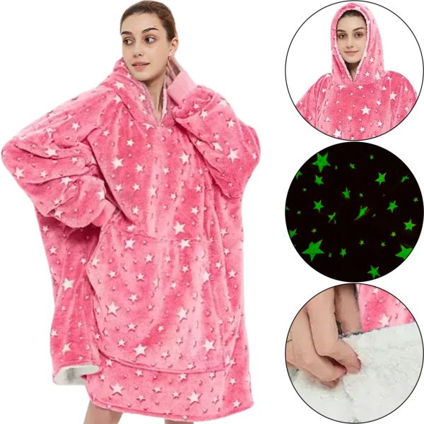 Светящийся взрослый худи толстовка Huggle Hoodie Stars Dream 2в1 унисекс оверсайз толстовка-плед с карманом и капюшоном на флисе 126х180 Розовая