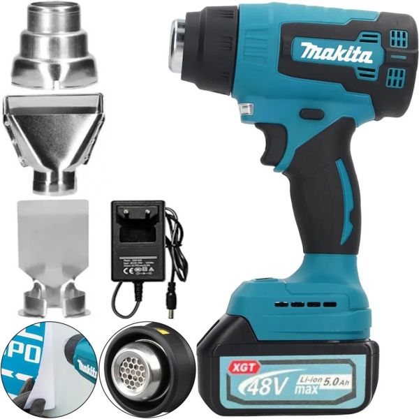 Аккумуляторный строительный фен Makita DHG180RT 48V 5Ah с 3 насадками, Промышленный тепловой пистолет 50-550°C Макита с 2 аккумуляторами в кейсе