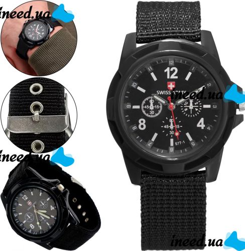 Чоловічі наручні армійські Годинники Swiss Army кварцові годинники Quartz на руку з ремінцем з нейлону 29 см чорні