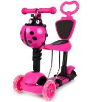Триколісний дитячий самокат беговел Scooter FYS-2864 Pink 5 в 1 зі складним сидінням, батьківською ручкою та колесами, що світяться, для дітей Рожевий