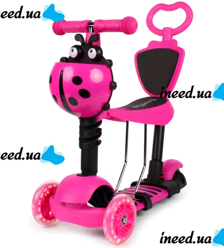 Триколісний дитячий самокат беговел Scooter FYS-2864 Pink 5 в 1 зі складним сидінням, батьківською ручкою та колесами, що світяться, для дітей Рожевий