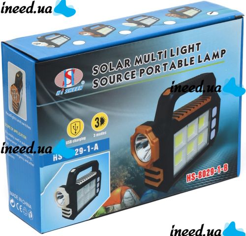 Ручний акумуляторний ліхтар з повербанком Solar Multilight HS-8029-1-B 3W портативний світлодіодний світлодіодний ліхтарик прожектор з сонячною панеллю USB