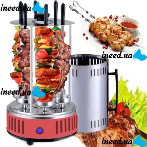 Domotec MS-7783 1000W vertical electric kebab maker for 6 skewers, Tabletop electric kebab maker for home with removable tray Red