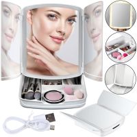 Desktop Triple Mirror with Magnification My Fold Away MA-17 Cosmetic Organizer for Storing Cosmetics and Battery-powered Makeup Backlight