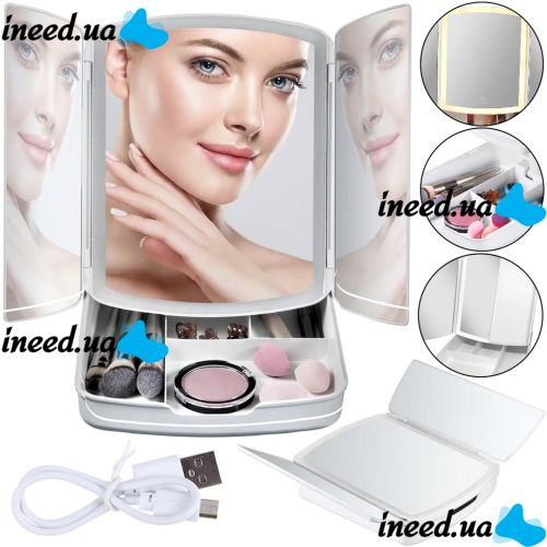 Desktop Triple Mirror with Magnification My Fold Away MA-17 Cosmetic Organizer for Storing Cosmetics and Battery-powered Makeup Backlight