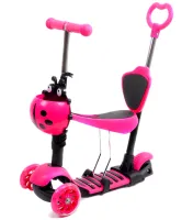 Триколісний дитячий самокат беговел Scooter FYS-2864 Pink 5 в 1 зі складним сидінням, батьківською ручкою та колесами, що світяться, для дітей Рожевий