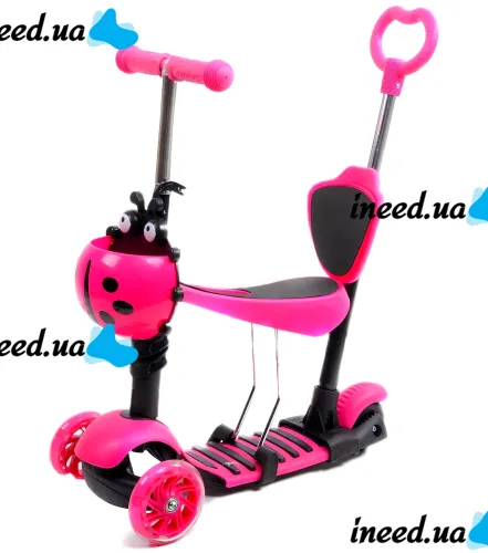 Триколісний дитячий самокат беговел Scooter FYS-2864 Pink 5 в 1 зі складним сидінням, батьківською ручкою та колесами, що світяться, для дітей Рожевий