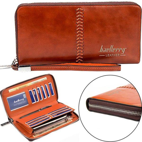 Мужской кошелек клатч Baellerry Leather Model 1 W009 Orange с отделением для телефона, Мужское портмоне на 21 отделений для купюр Оранжевый