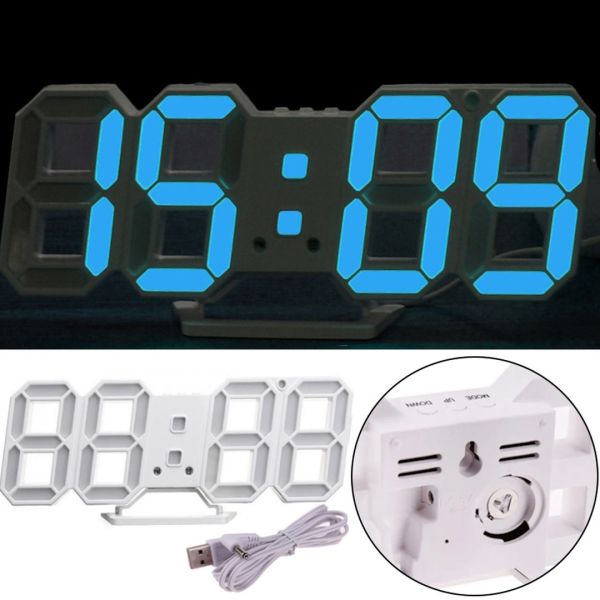 Электронные настольные 3D часы с синей LED подсветкой Generic LY-1089, Светодиодные цифровые настенные часы с будильником и датой Белые