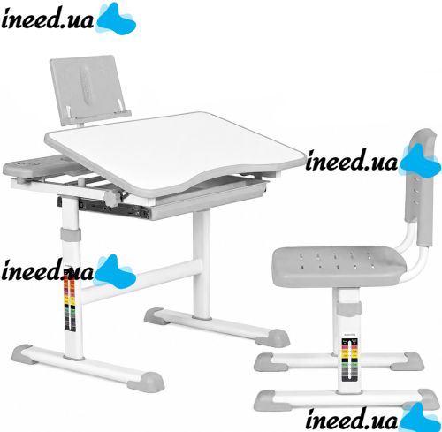 Bambi M 4818-4 Children's Desk and Chair Set—School Desk and Height-Adjustable Chair with Bookrest, for Ages 3 and Up, NJ-492, Gray