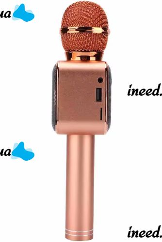 Бездротовий мікрофон караоке Wster WS-1818 Bluetooth USB AUX FM з вбудованою колонкою і функцією зміни голосу на акумуляторі в чохлі Рожевий