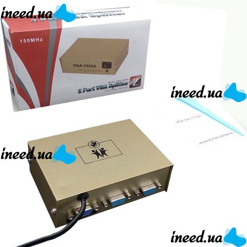 Сплиттер VGA KV-FJ1502A Splitter, Коммутатор 150MHz 2 Port два порта с адаптером разветвитель VGA