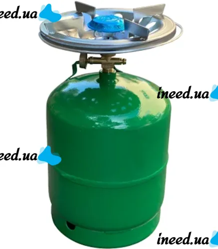 Tourist gas cylinder Golden Lion Rudyy Picnic-SV with a burner of 12 liters 5 kg 2.5kW, Household Propane cylinder with piezo ignition and handle PK-3 Green