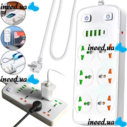 Сетевой фильтр Power Socket AR-CP05 2500W на 6 розеток 4 USB 1 Type-C 2 м удлинитель переноска с выключателем для подключения приборов к сети Белый
