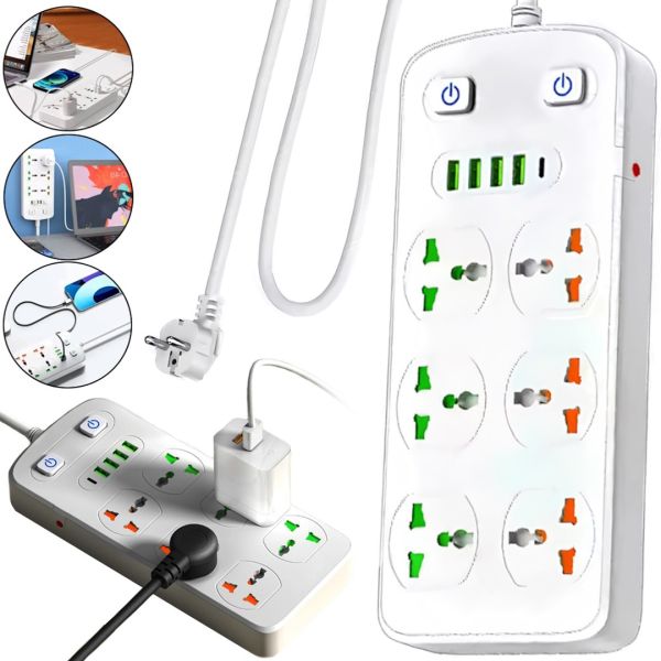 Сетевой фильтр Power Socket AR-CP05 2500W на 6 розеток 4 USB 1 Type-C 2 м удлинитель переноска с выключателем для подключения приборов к сети Белый