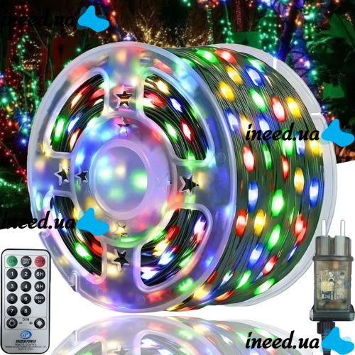 Новогодняя гирлянда RGB роса 100 метров 1000 LED диодов с пультом IP44, светодиодная нить Xmas 8 режимов 100м от сети Разноцветная