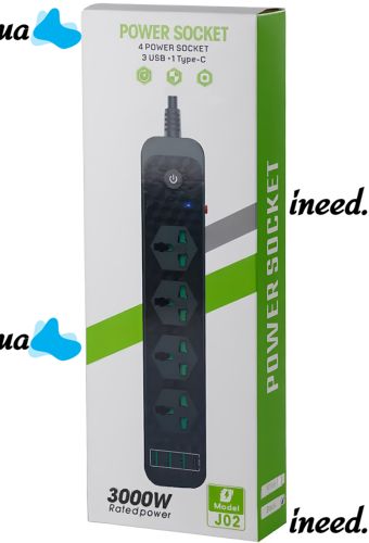 Мережевий фільтр Power Socket J02 3000w на 4 розетки 3 USB 3.4 A і 1 Type-C електричний Подовжувач переноска для підключення приладів до мережі Чорний