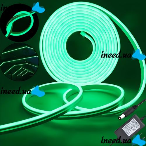 Світлодіодна силіконова стрічка LED NEON Green 0764 5 м з блоком живлення IP65, універсальна неонова гнучка підсвітка 12v-220v 5M в силіконі Зелена