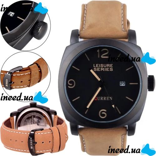Чоловічі наручні Curren Leisure Series 8158 на руку з ремінцем зі штучної шкіри, Класичний кварцовий годинник з чорним циферблатом і календарем
