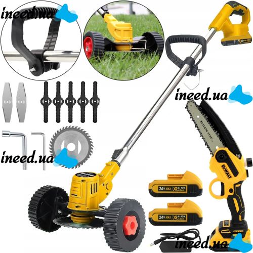 Набір електроінструментів DeWalt акумуляторна газонокосарка тример DCMST156N з колесами, Ланцюгова пила DCM160N 2 акумулятори для трави і кущів