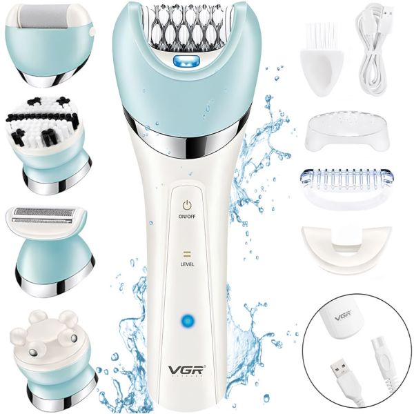 VGR V-703 5 in 1 5W Cordless Epilator 5 in 1 5W Cordless Women's Depilatory with Light for removing facial and body hair with USB nozzles Blue