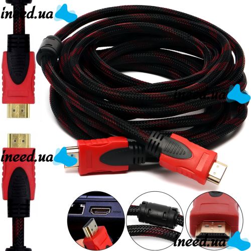 Посилений кабель Hdmi to Hdmi 20м 1080p в обмотці, кабель-подовжувач HDMI-HDMI 20m 20 m, 20 м для монітора і телевізора в обплетенні Чорно Червоний
