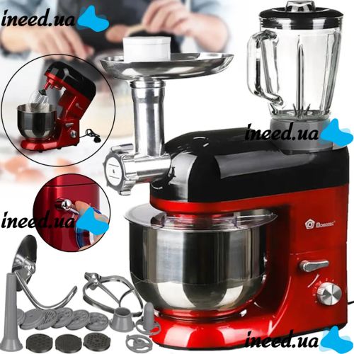 Domotec MS-2051 Desktop Food Processor 4 in 1 Mixer 3000W Dough Mixer with 6.5L Bowl for Kneading Dough, Kitchen Meat Grinder Blender Red