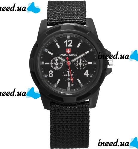 Чоловічі наручні армійські Годинники Swiss Army кварцові годинники Quartz на руку з ремінцем з нейлону 29 см чорні