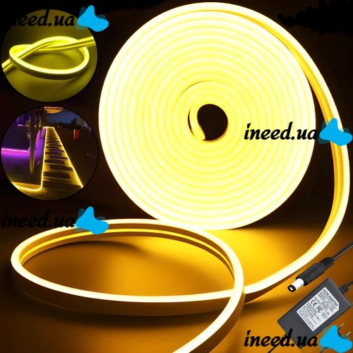 Світлодіодна силіконова стрічка LED NEON 0729 Yellow 5 м з блоком живлення, універсальна неонова гнучка підсвітка 12v-220v 5m в силіконі Жовта