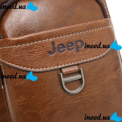 Чоловіча сумка рюкзак через плече Jeep Bags 777 38х18 см нагрудна сумка бананка на груди з отвором для навушників зі штучної шкіри Коричнева