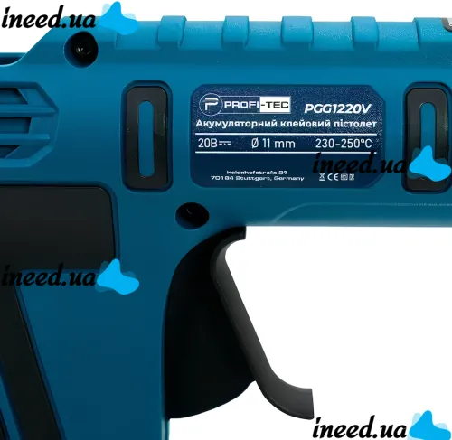 Акумуляторний клейовий пістолет PROFI-TEC PGG1120V 20V бездротовий термопістолет для гарячого силіконового клею 11 мм на 2 акумулятори Синій