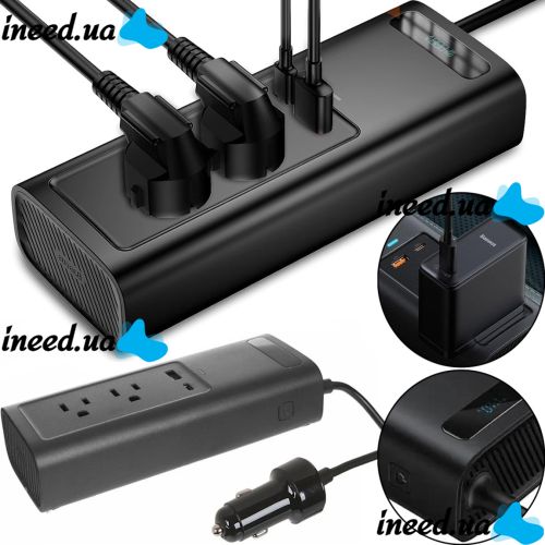 Автомобільний перетворювач напруги з 12V на 220v Baseus RNBQ-A01 150W інвертор з швидкою зарядкою CN EU 2 розетки type-C USB від прикурювача