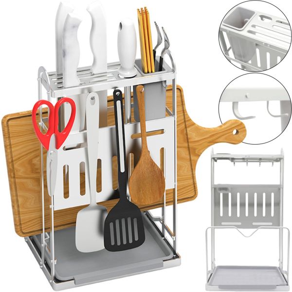 Кухонный органайзер сушилка Kitchen Rack CW-2001H для хранения и сушки столовых приборов, Подставка стеллаж для посуды досточки и ножей Серебристый