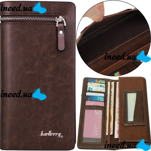 Чоловічий шкіряний гаманець клатч Baellerry Italia Brown B618 на 21 відділення для купюр і телефону на блискавці, чоловіче портмоне Коричневий