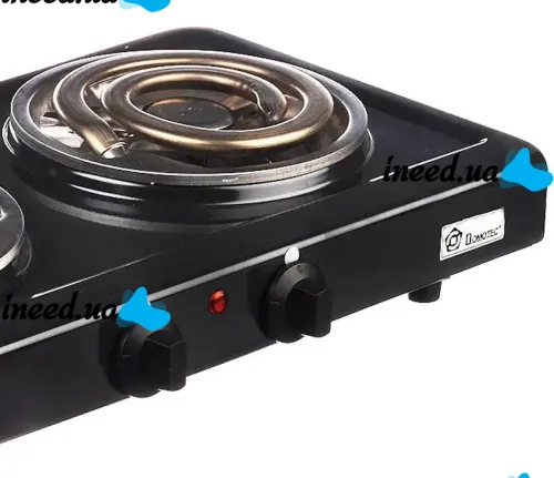 Настольная спиральная электрическая плита на две конфорки Domotec MS-5532 1000W, Двухконфорочная электроплита с широкой спиралью и термостатом Черный