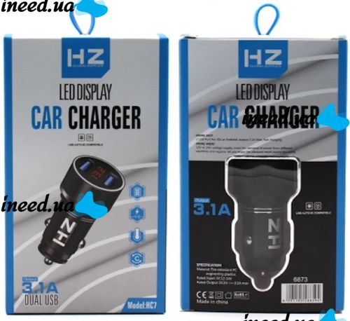 Автомобільний зарядний пристрій з вольтметром Car Charger HZ HC7 3.1 A, Адаптер для зарядки 2xUSB в прикурювач, Автозарядка з екраном Чорний