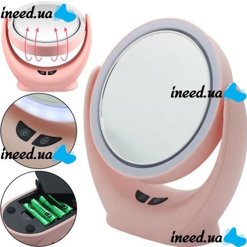 Настільне кругле Косметичне дзеркало Mirror Lamp YT-M513 з LED підсвічуванням і збільшенням для макіяжу, збільшувальне дзеркало на підставці Рожеве