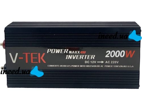 Автомобільний інвертор V-TEK PowerMaxx SSK-2000W 12V - 220V від прикурювача і акумулятора, Авто перетворювач напруги струму 12В 2000Вт, Чорний