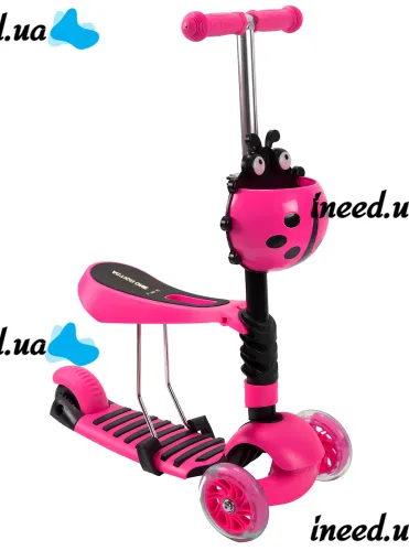 Триколісний дитячий самокат беговел Scooter FYS-2864 Pink 5 в 1 зі складним сидінням, батьківською ручкою та колесами, що світяться, для дітей Рожевий