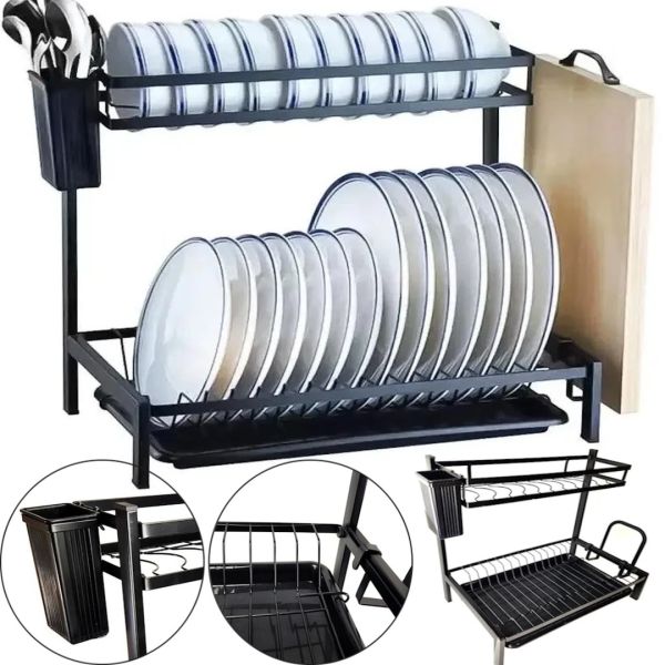 Металлическая двухъярусная сушилка органайзер Kitchen rack double deck MJ-4014 над раковиной, Стойка 2 яруса для сушки и хранения посуды с поддоном