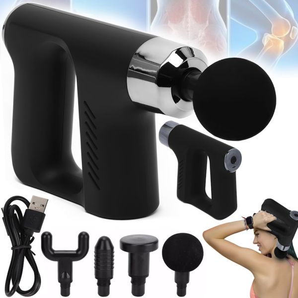 Impact Massager Pistol Fascial Gun KH-740 Black 4 nozzles, wireless percussion vibration Massager 6 modes for full body muscles on battery