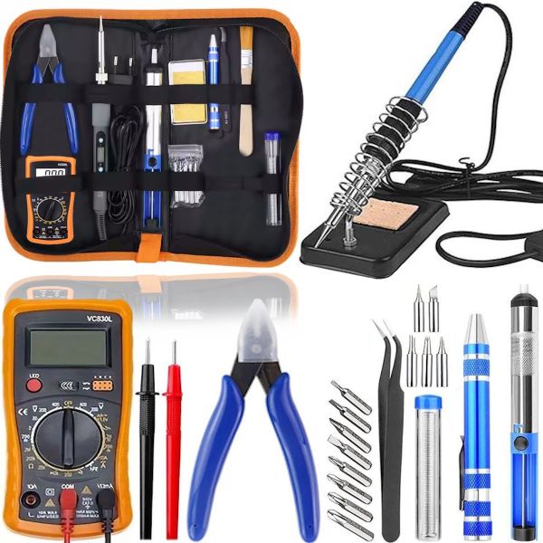 Набор инструментов для пайки Soldering kit 15 в 1 Паяльник Inspire KS908 с терморегулятором с мультиметром VC830L оловоотсосом и кусачками в чехле