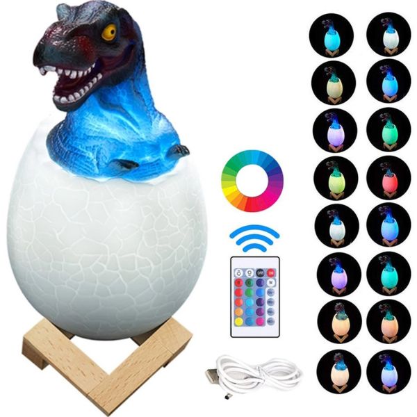 Children's table lamp Sunroz 3D dinosaur lamp, Children's Rechargeable RGB Lamp Night Light Dinosaur in an egg on a stand 16 colors with remote Control