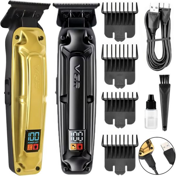 VGR V-904 cordless men's beard and mustache trimmer with interchangeable attachments and USB LED display