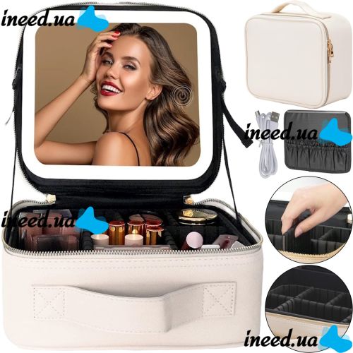 Niceland TM1060 Travel cosmetic bag White suitcase organizer with touch mirror MAG-589 and LED light for storing cosmetics White