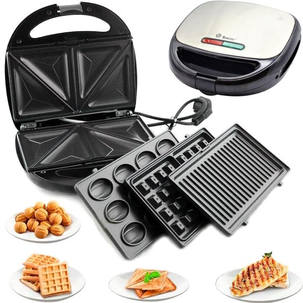 Сендвичница бутербродница мультипекарь 4 в 1 Domotec MS-7704 1000W 4в1 серая гриль, вафельница, орешница 1000 вт