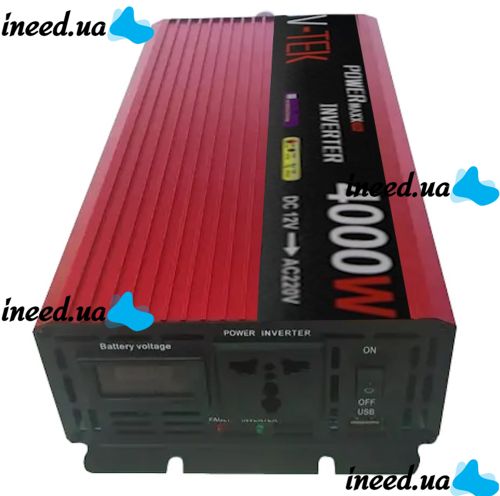 Автомобильный инвертор V-TEK VDK-4000W 12V-220V С LED-экраном и usb разъемом, Авто преобразователь напряжения тока от прикуривателя и аккумулятора