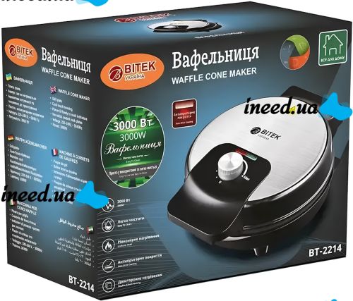 Bitek BT-2214 electric waffle maker for round waffles and thin tubes 3000W round electric waffle maker with non-stick coating from the mains Black
