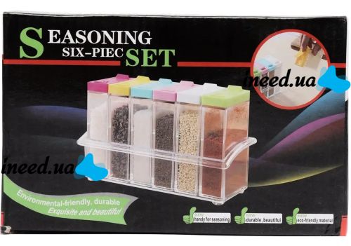 Набір контейнерів для спецій Seasoning Six Piece Set 6 штук набір прозорих ємностей, кухонний органайзер для зберігання сипучих приправ на підставці